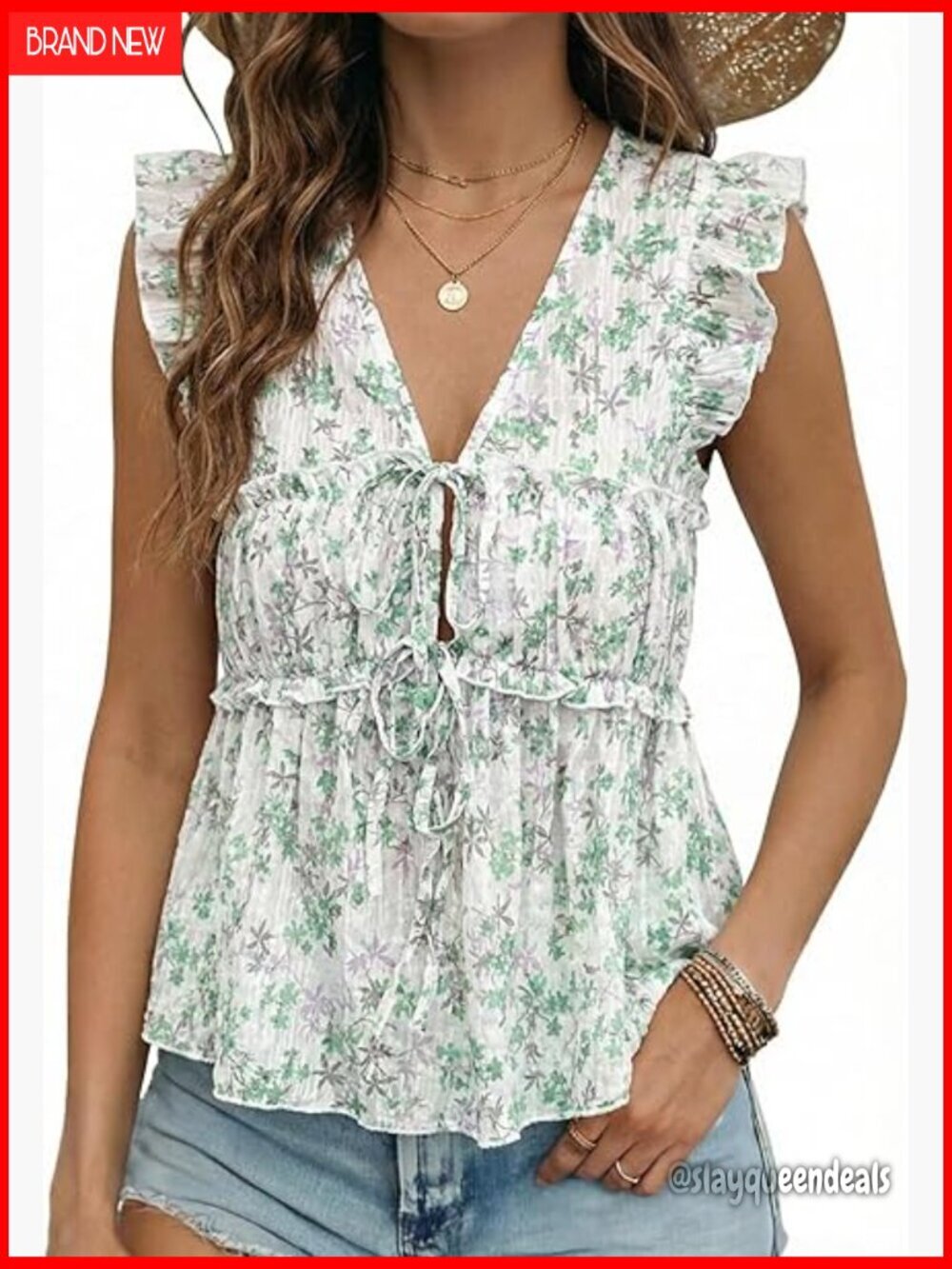 Floral V-Neck Tie Front Blouse with Ruffle Cap Sleeves S-XXL